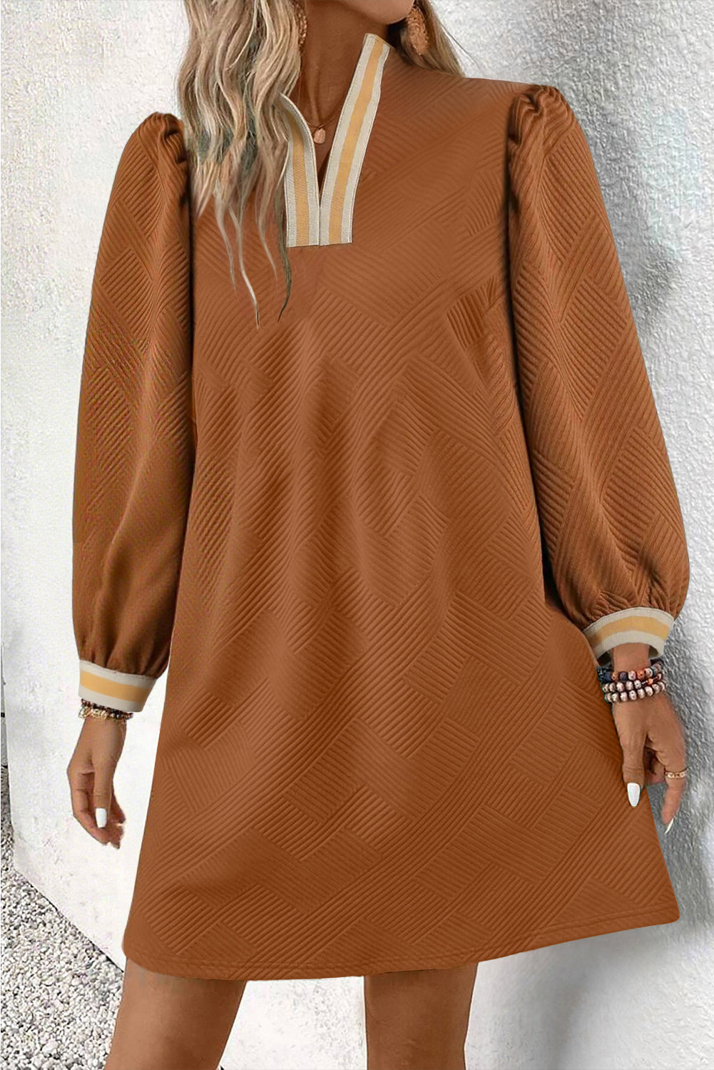 mini long sleeve shift dress Chestnut Textured Contrast Striped Split Neck D – Magnolia Charm Co Size:18½ 34/35 7% Elastane. summerstyle Festive Casual Done Right: