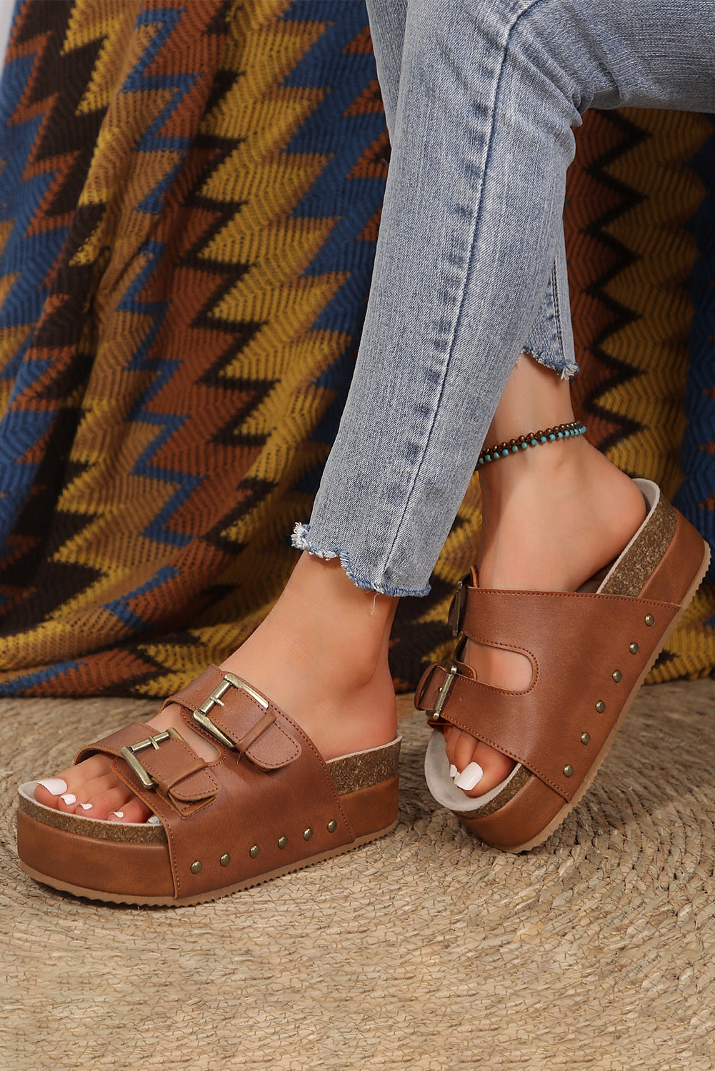 "Loving Chestnut" Dual Buckle Studded Platform Sandals