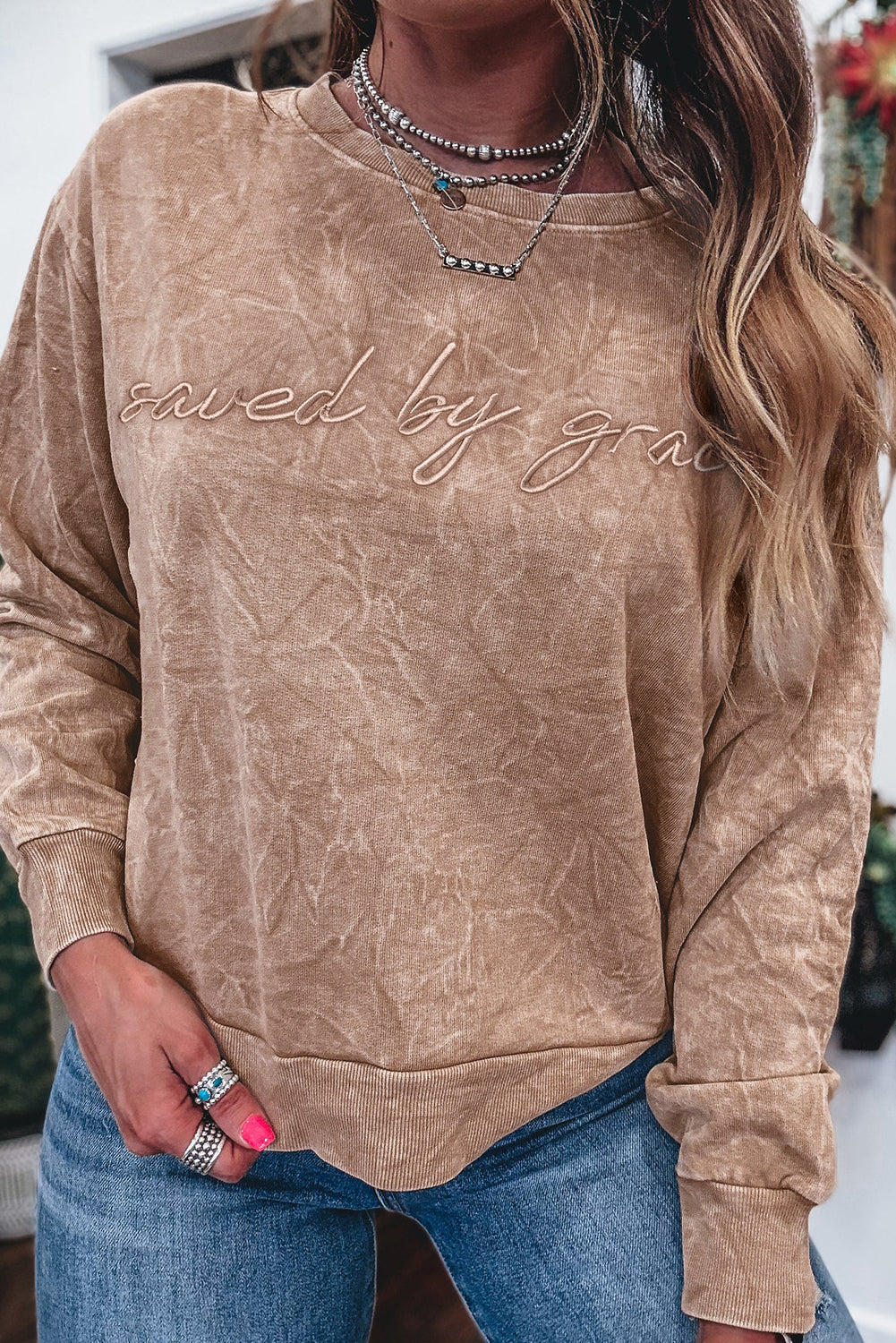 "Saved by Grace" Embroidered Mineral Wash Sweatshirt