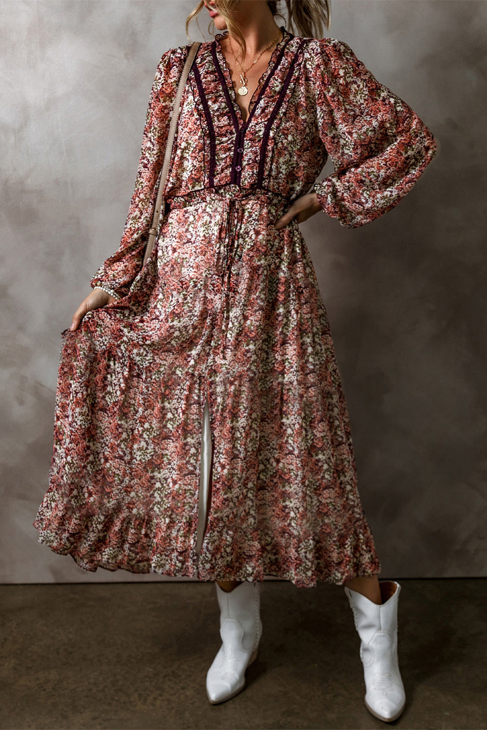 "Beauty in Brown" Floral Frilled Dress