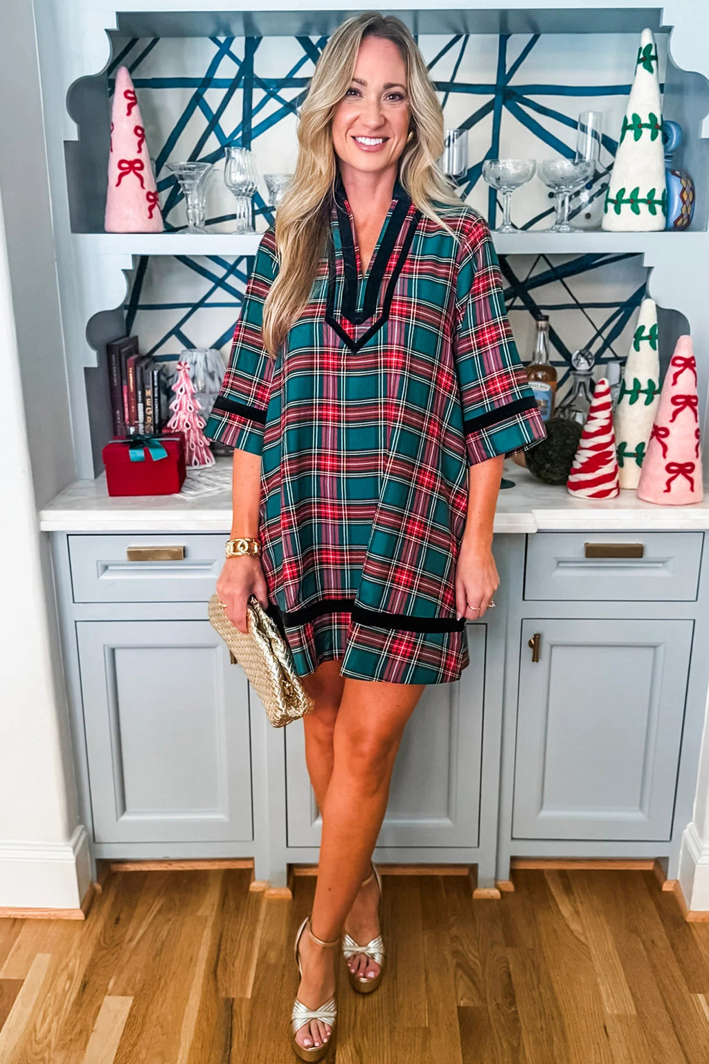 Green Plaid Velvet Trim Dress