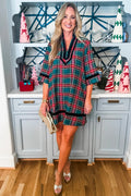 Green Plaid Velvet Trim Dress