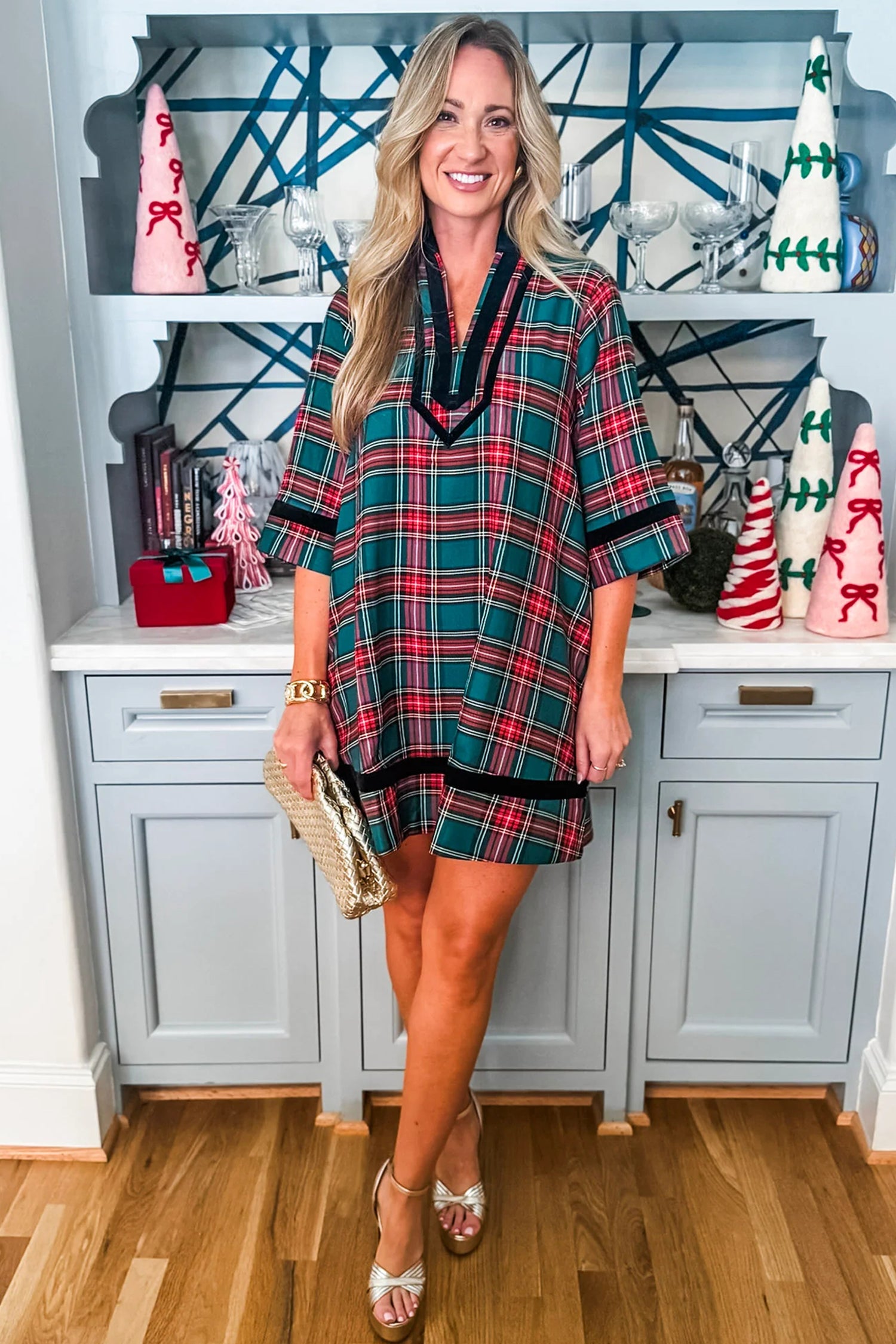 Green Plaid Velvet Trim Dress
