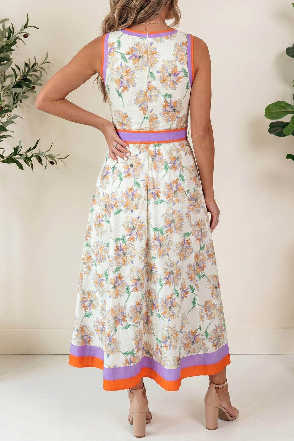 White Floral Print Color Block Trim Belted Maxi Dress