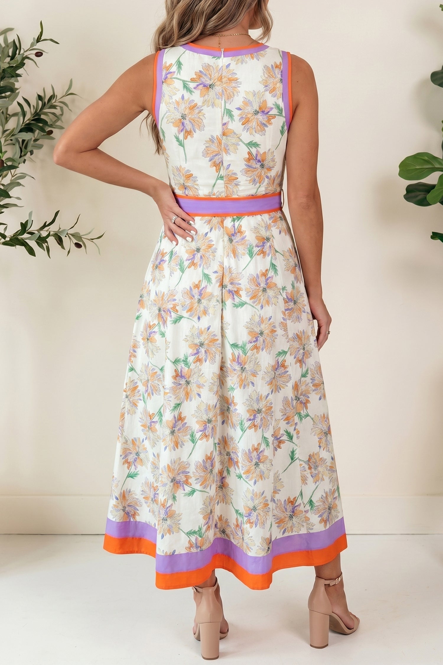 White Floral Print Color Block Trim Belted Maxi Dress