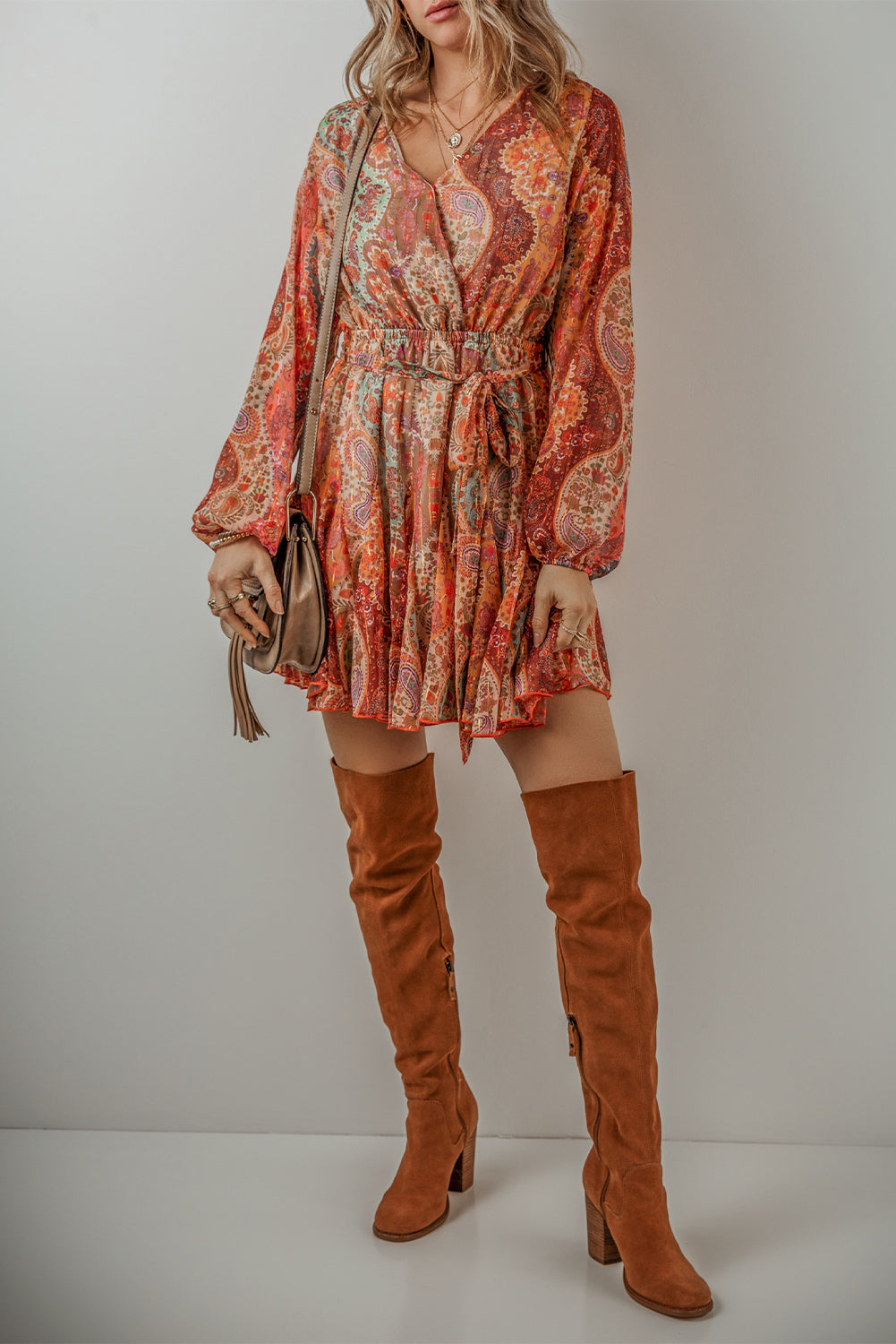 "Orange and Boho Oh My" Paisley Long Sleeve Belted Dress