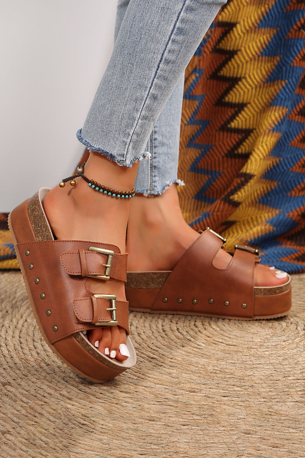 "Loving Chestnut" Dual Buckle Studded Platform Sandals