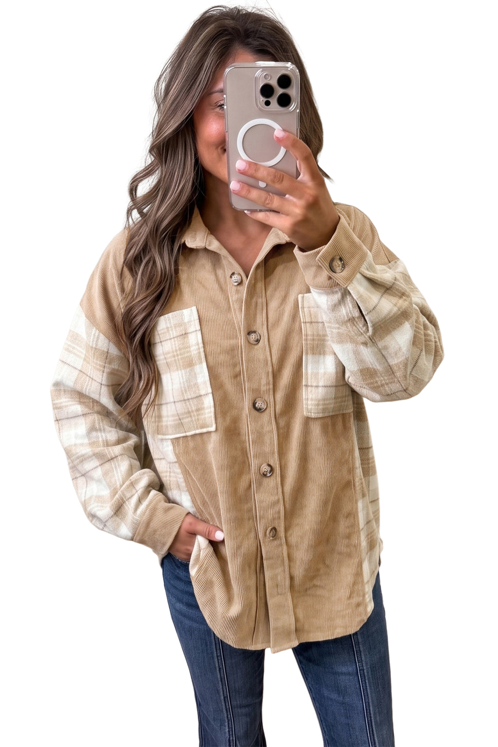 “Bold in Beige” Plaid Colorblock Shacket