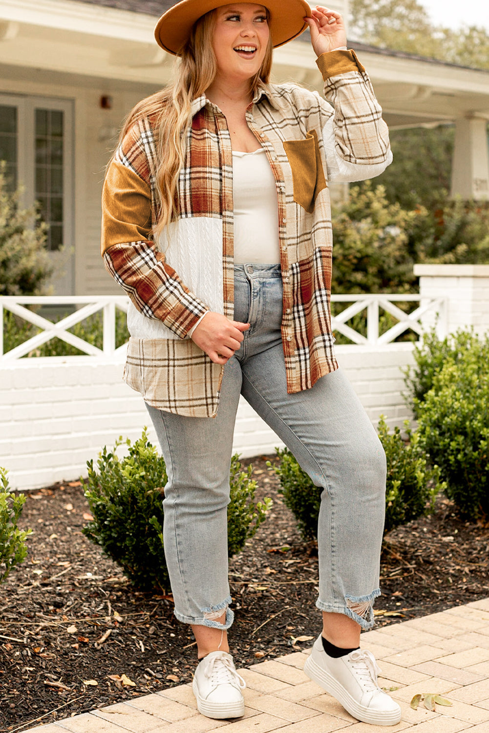 "Golden Apricot Plaid" Plus Size Shacket