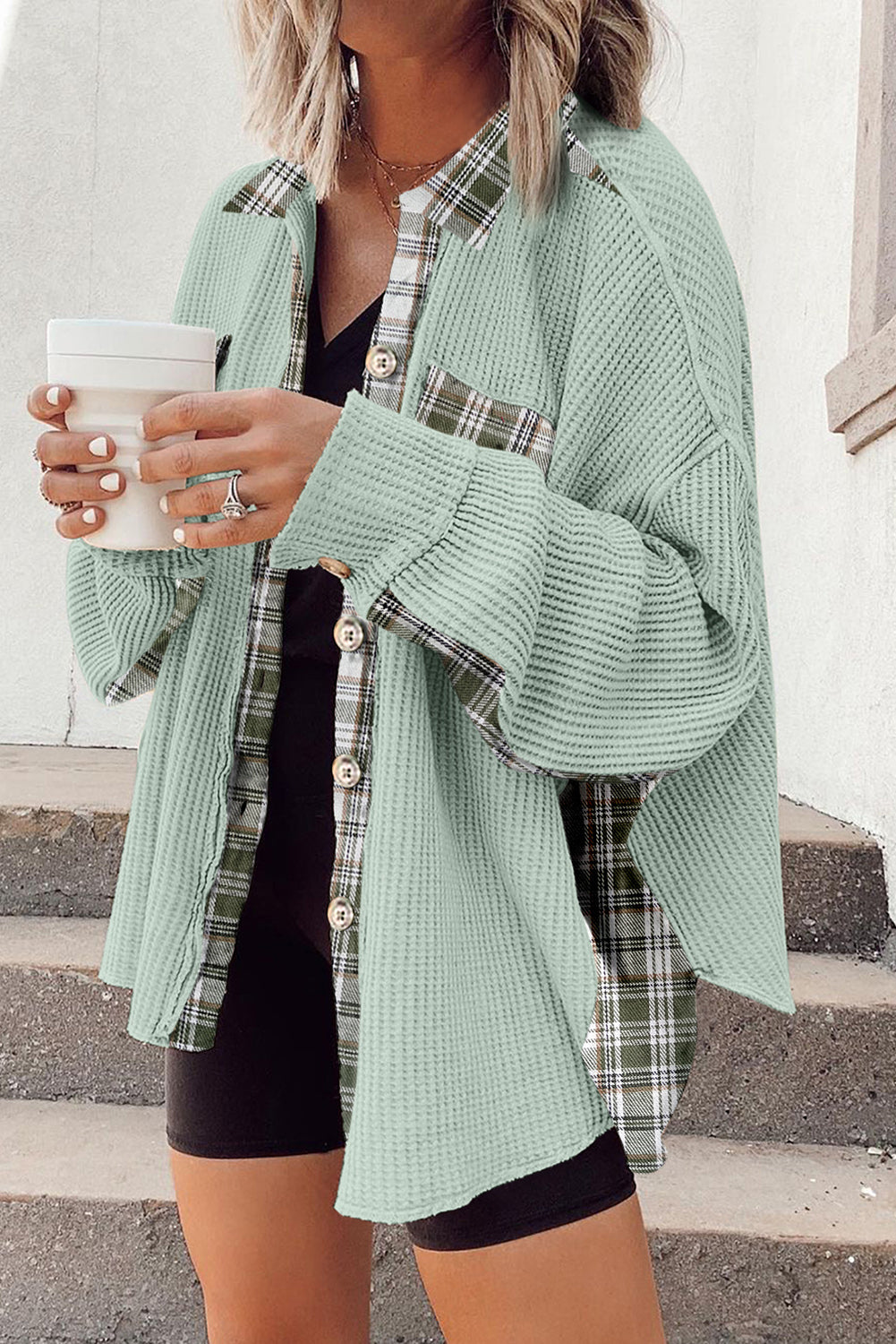 "Grass Is Greener" Plaid Patchwork Waffle Knit Shacket
