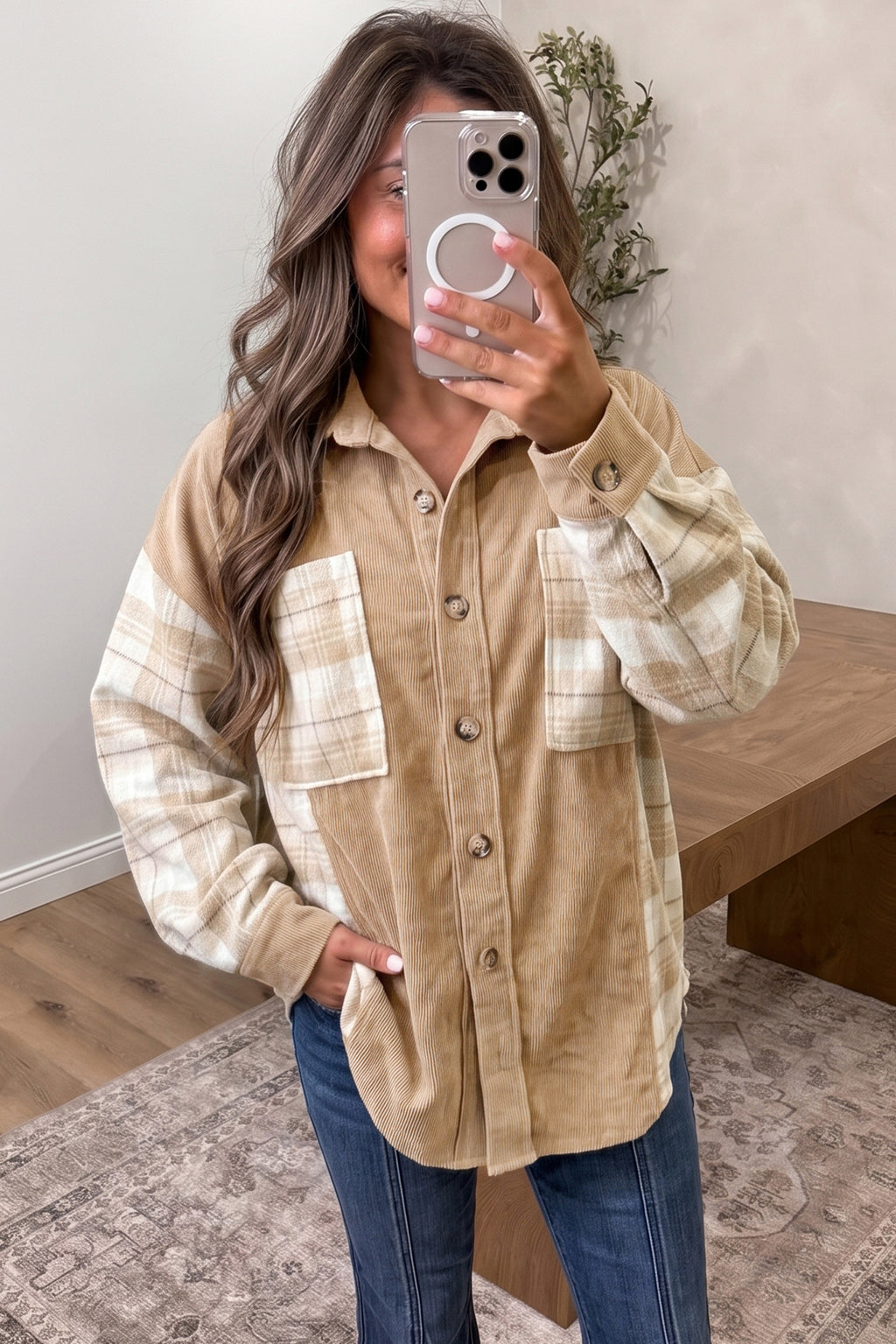 “Bold in Beige” Plaid Colorblock Shacket