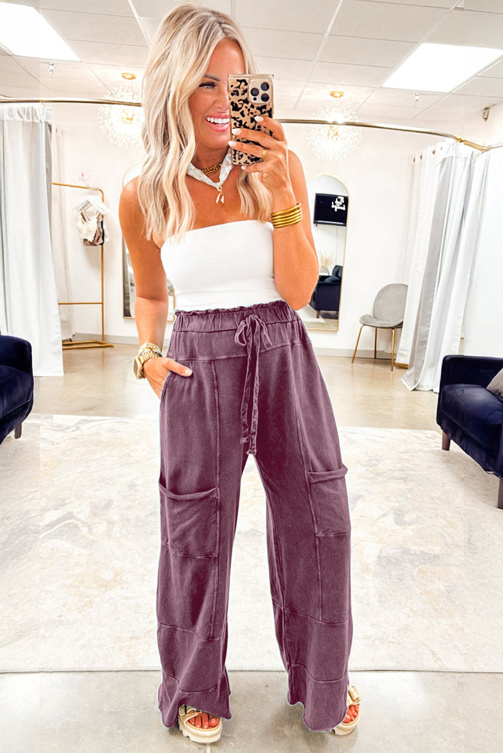 "Grey or Burgundy" Mineral Wash Boho Wide Leg Pants