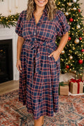 Black Plaid V Neck Belted Plus Size Dress