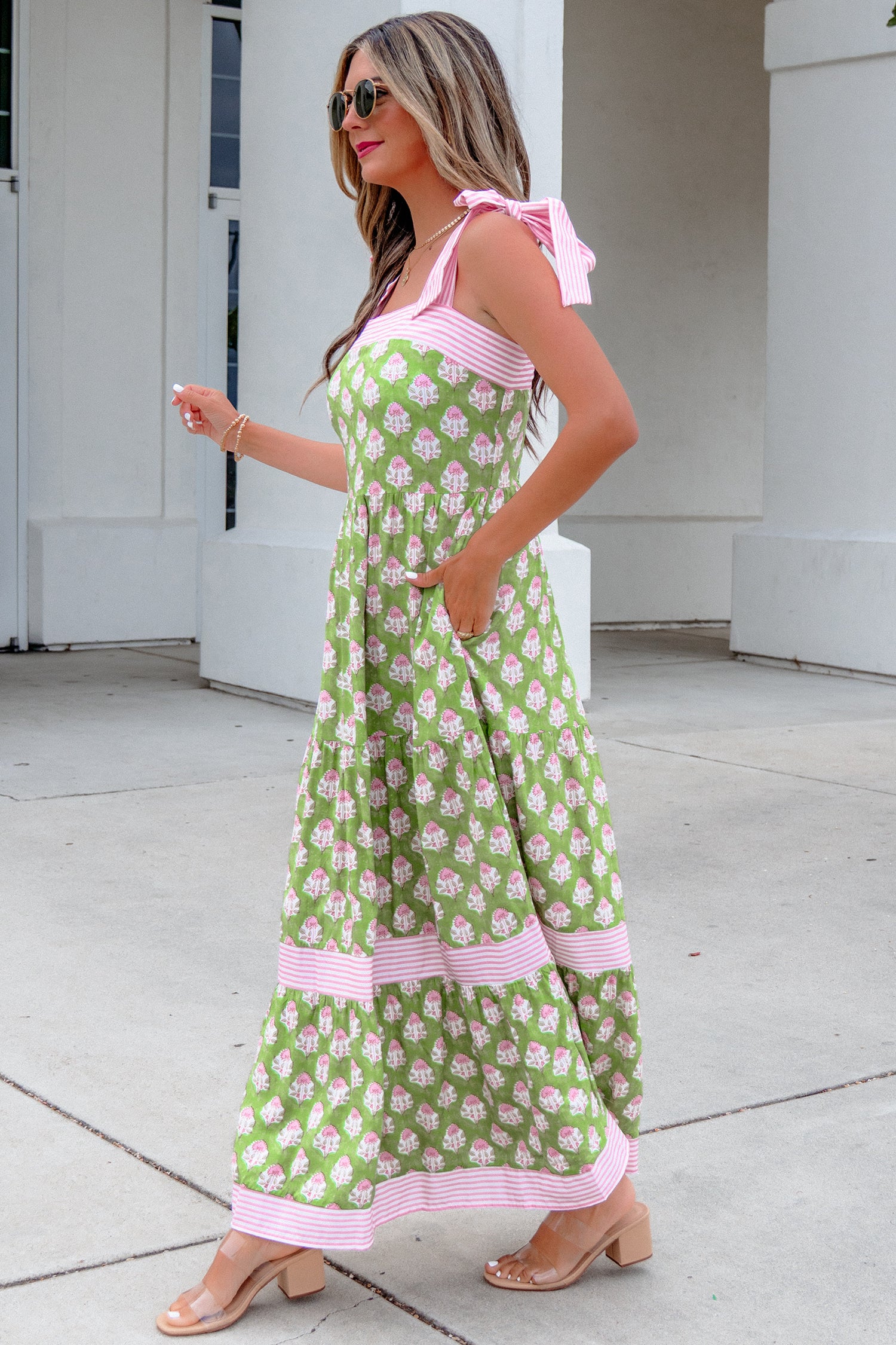 "Garden Party" Green Floral Tie Straps Maxi Dress