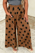 Brown Polka Dot Elastic Waist Wide Leg Plus Size Pants