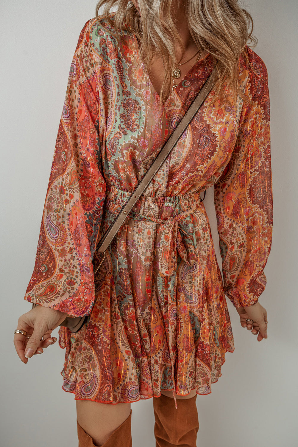 "Orange and Boho Oh My" Paisley Long Sleeve Belted Dress