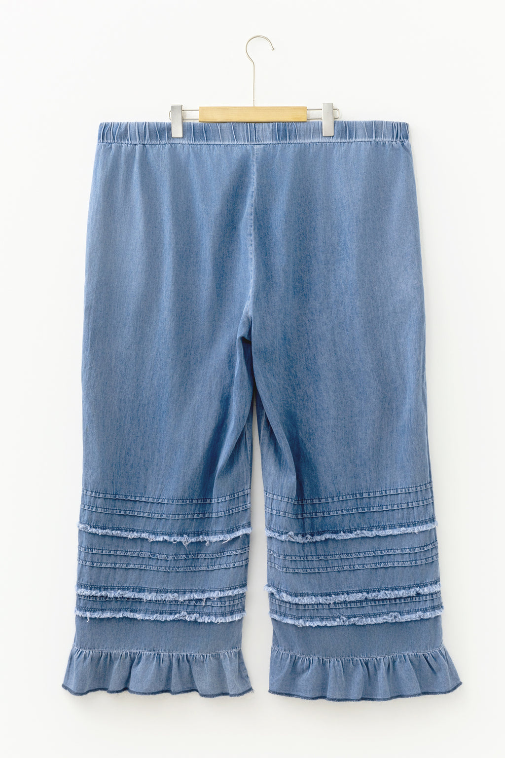 Dusk Blue Tiered Raw Edge Ruffled Plus Size Wide Leg Denim Jeans