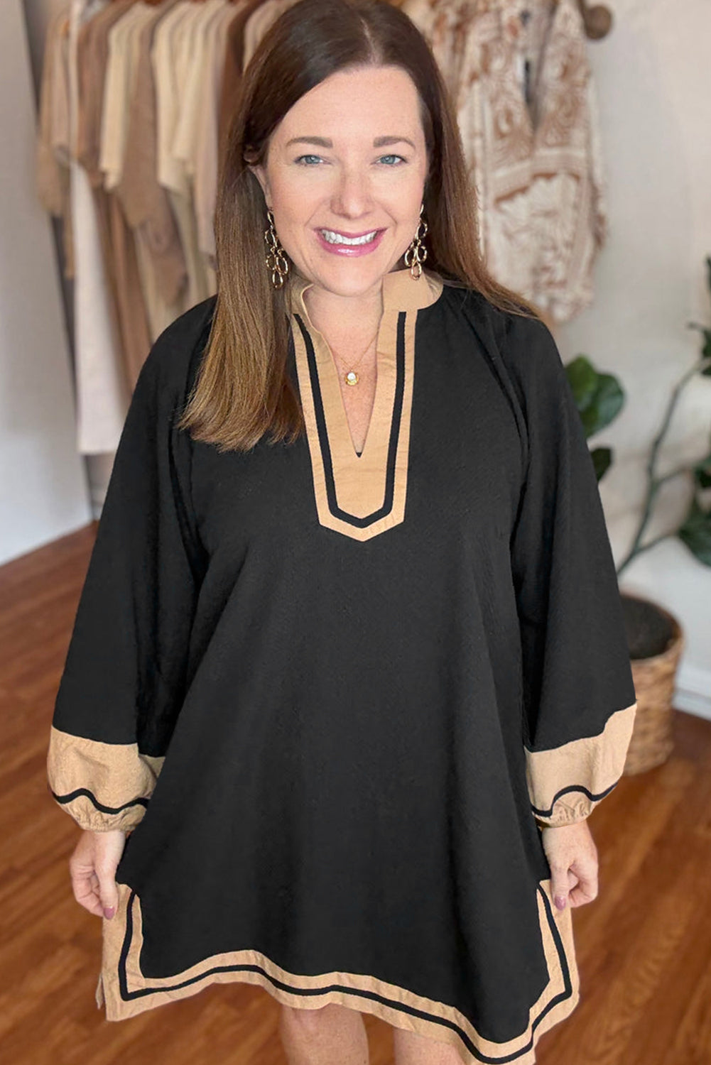 Color Block Trim Long Sleeve Black Plus Size Dress
