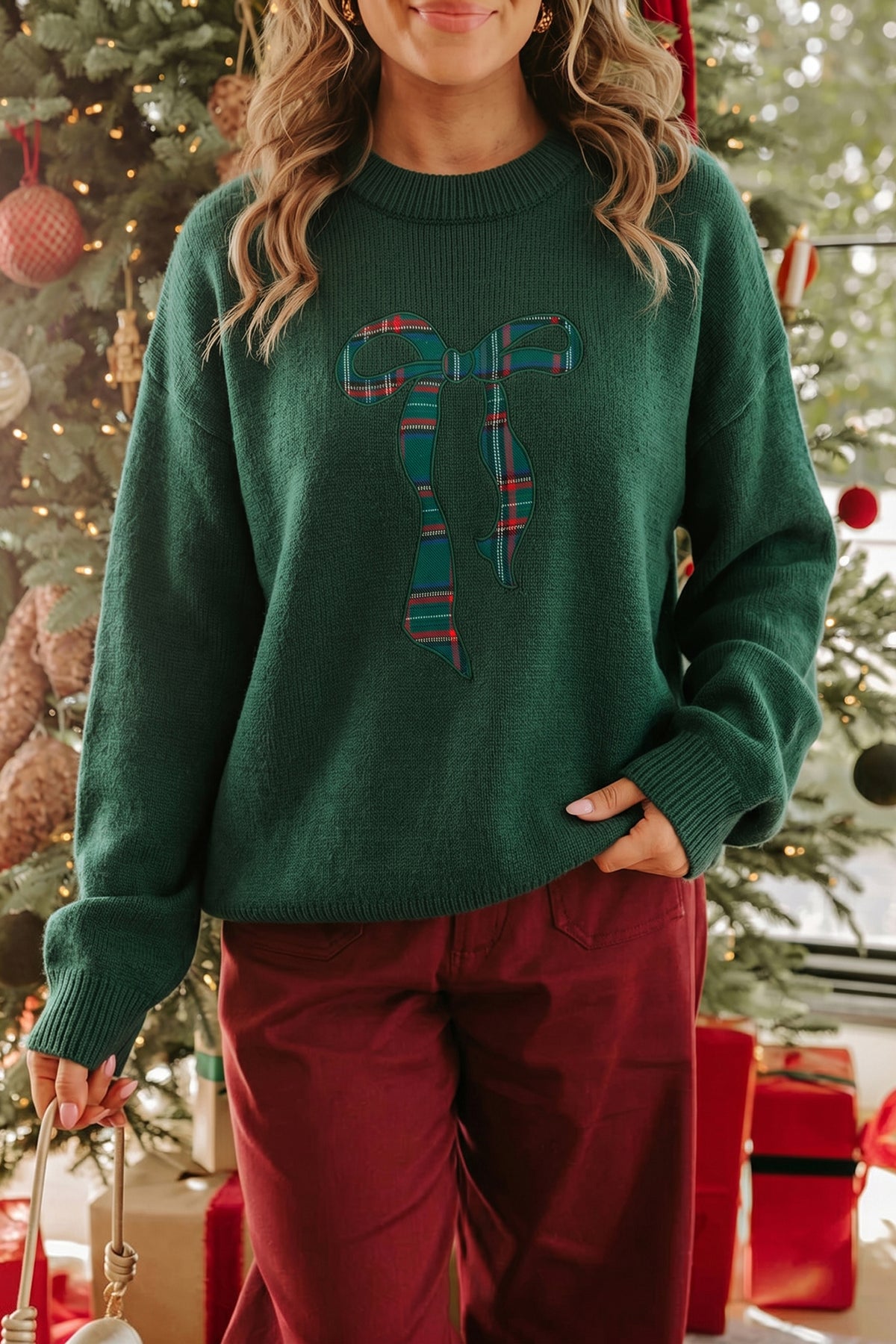 "Green w/ Plaid Bow Tie Back"  Christmas Sweater