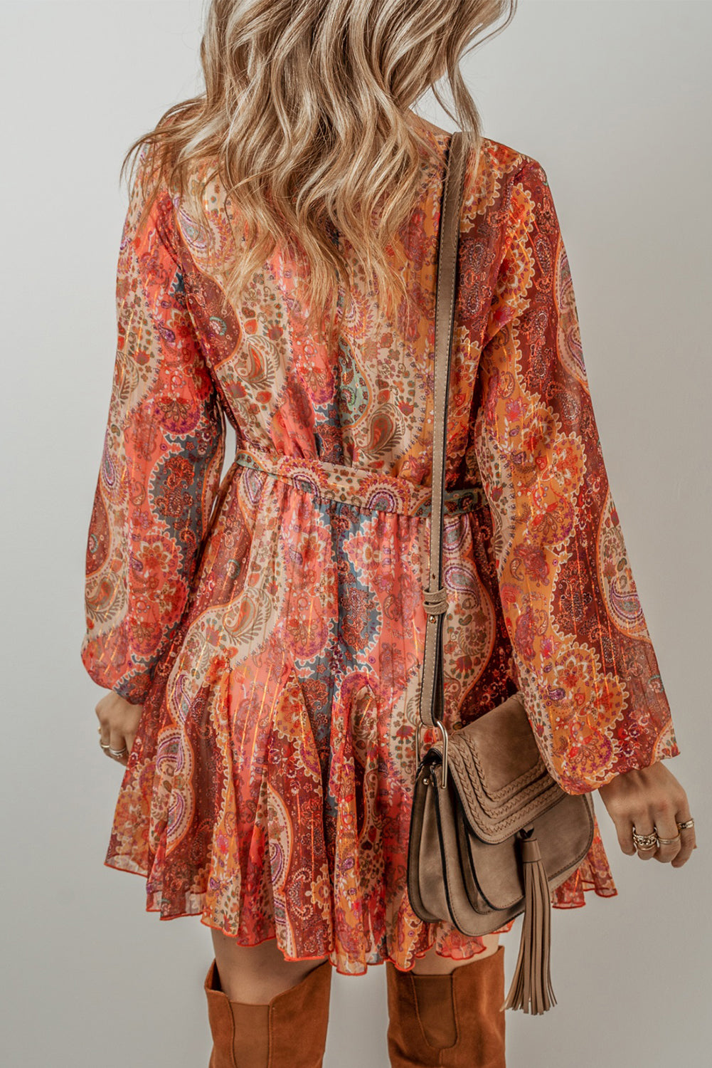 "Orange and Boho Oh My" Paisley Long Sleeve Belted Dress