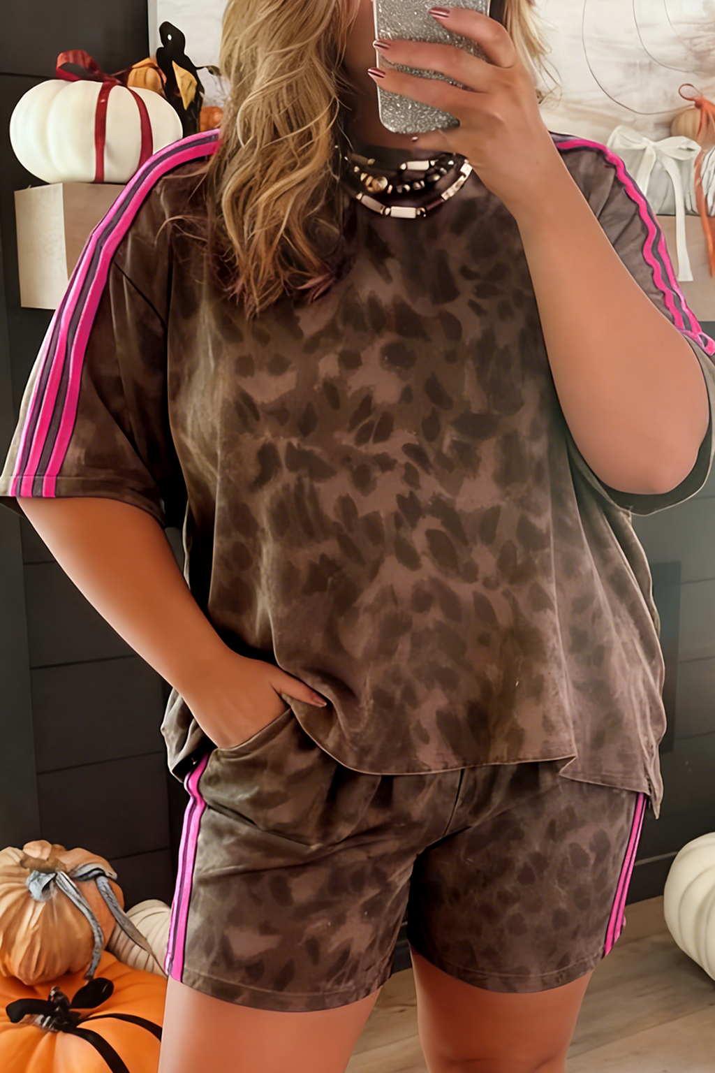 Leopard Contrast Trim Plus Size Short Set