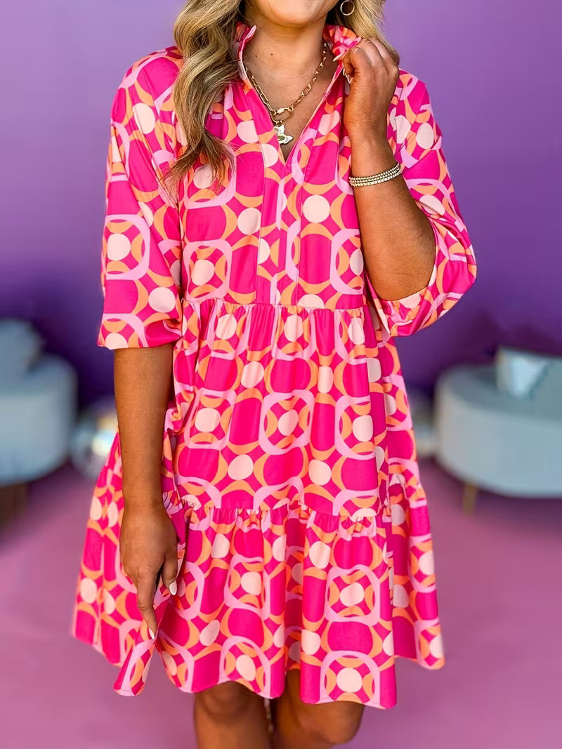 Vibrant Pink Geometric Layered Dress