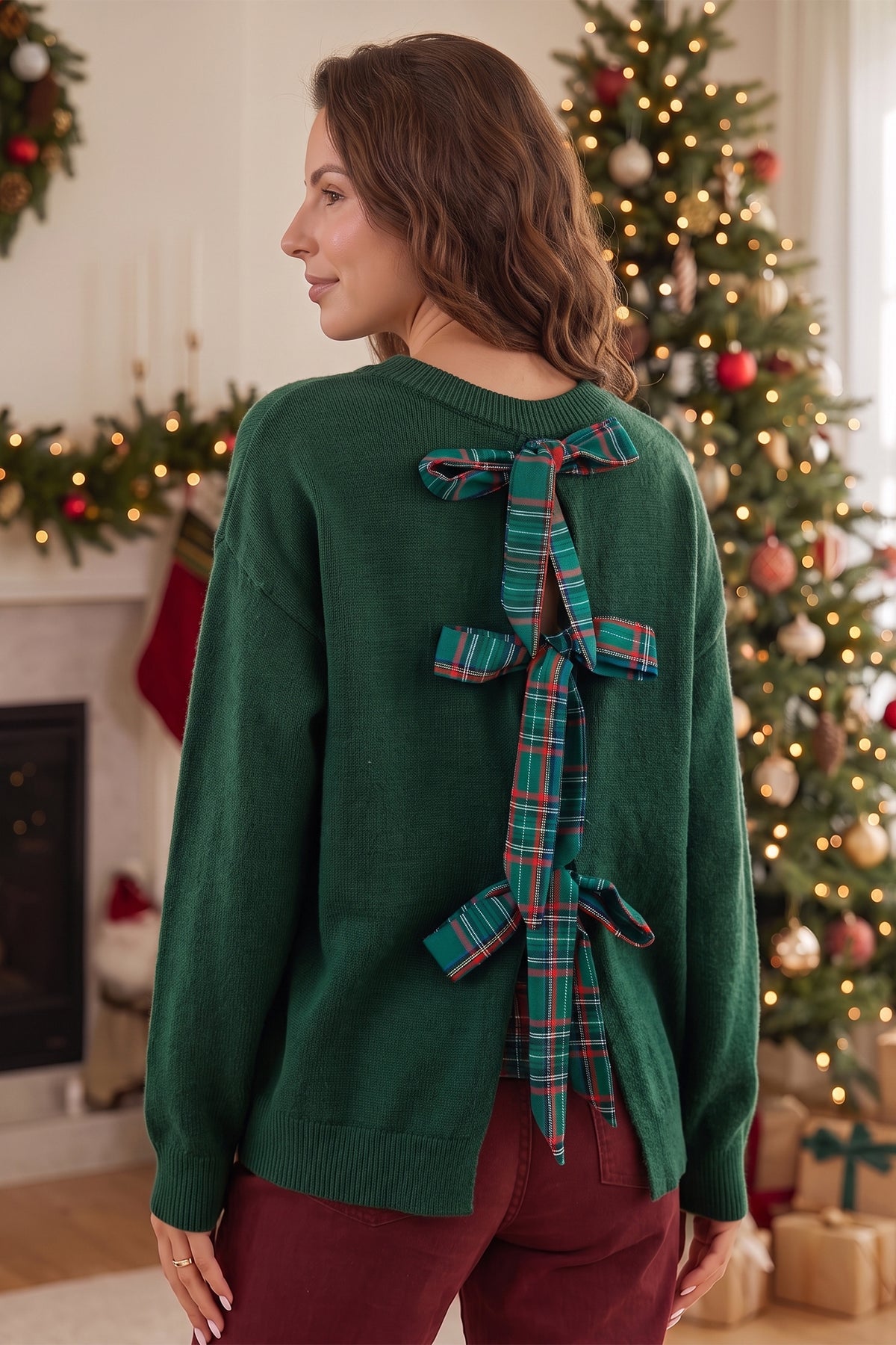 "Green w/ Plaid Bow Tie Back"  Christmas Sweater