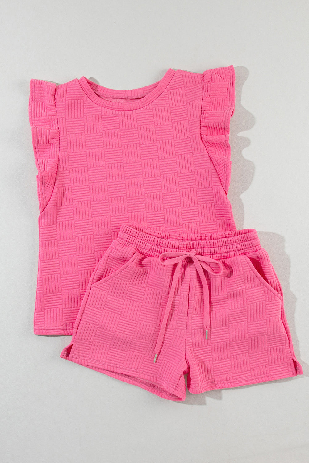 "Pink Bonbon" Textured Ruffled Sleeve Shorts Set