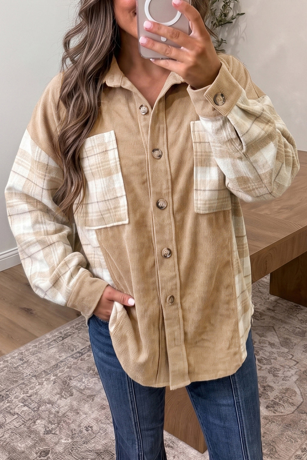 “Bold in Beige” Plaid Colorblock Shacket