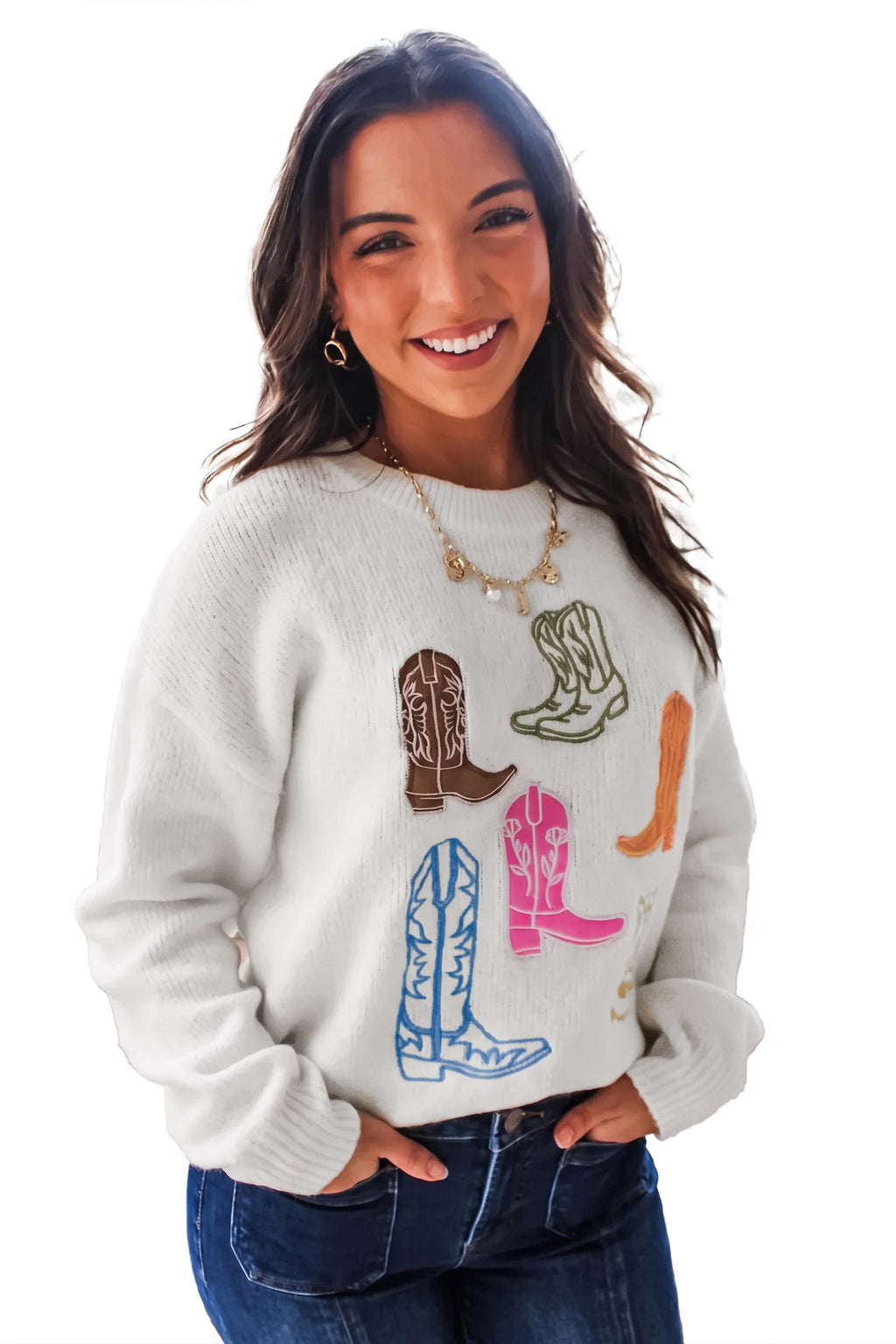 “Nice Boots” Embroidered Pullover Sweater