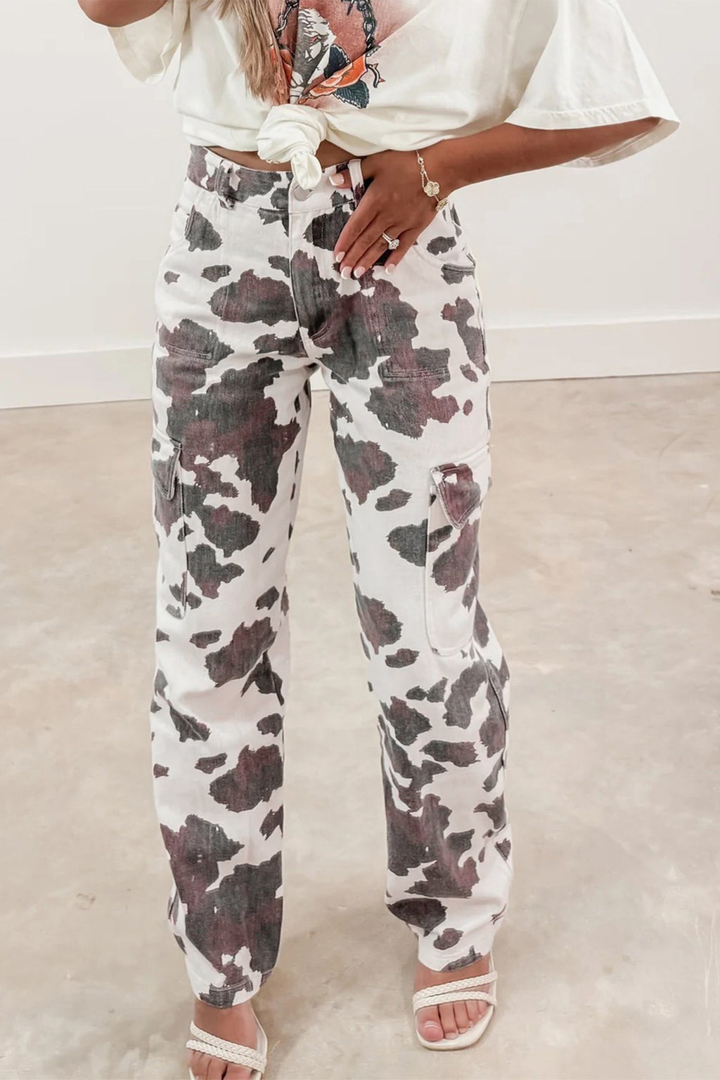Cow Print Pocketed Jeans