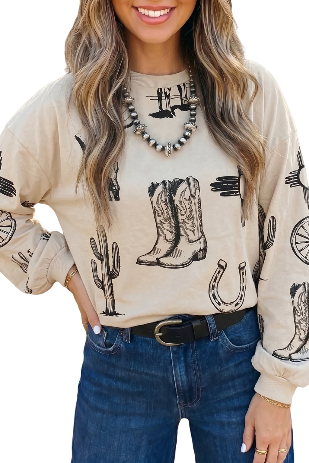 "Western In Khaki" Long Sleeve Loose Top
