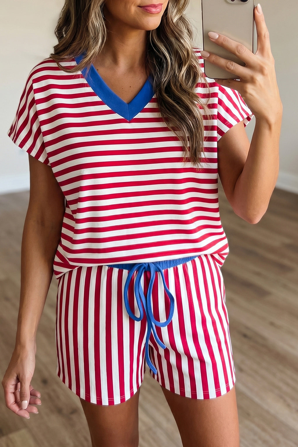 Striped Colorblock Neck Tee & Short Sets