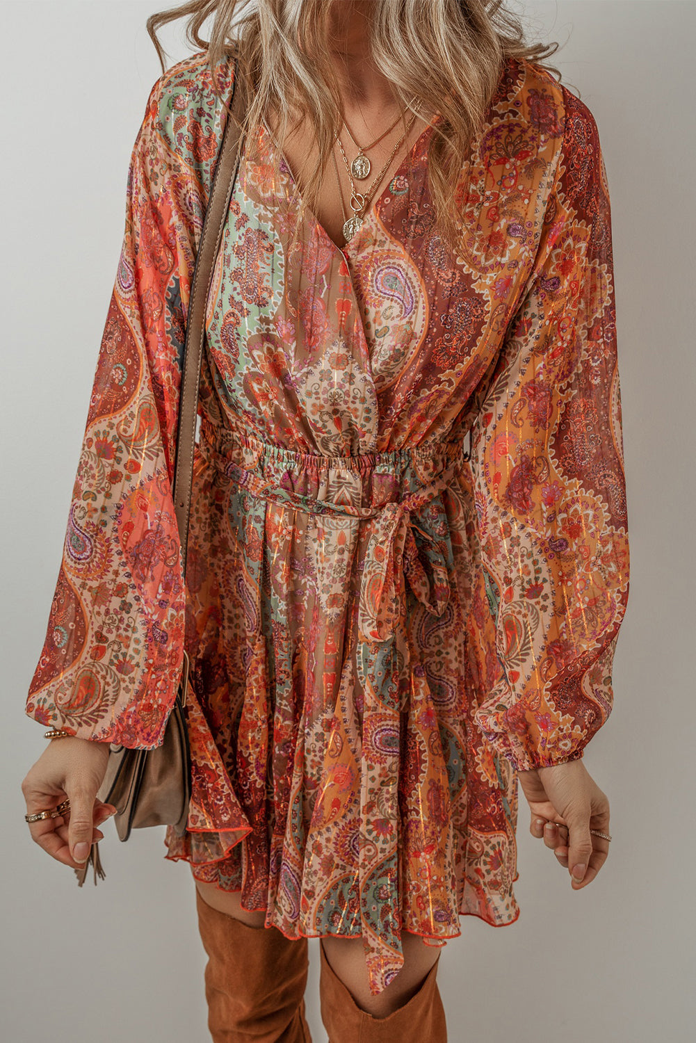 "Orange and Boho Oh My" Paisley Long Sleeve Belted Dress