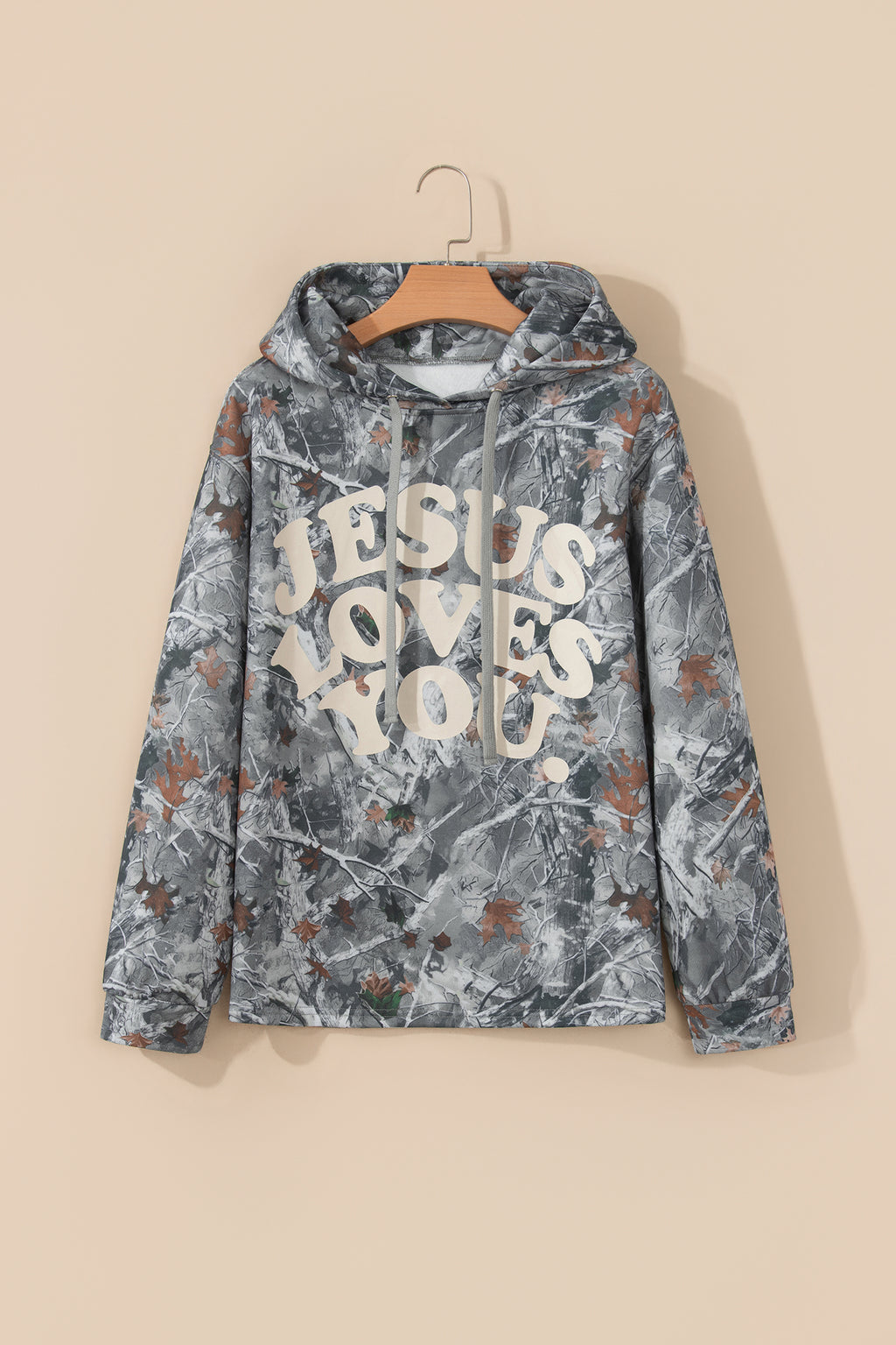 Beige Woodland Camouflage Print JESUS LOVES YOU Tunic Hoodie