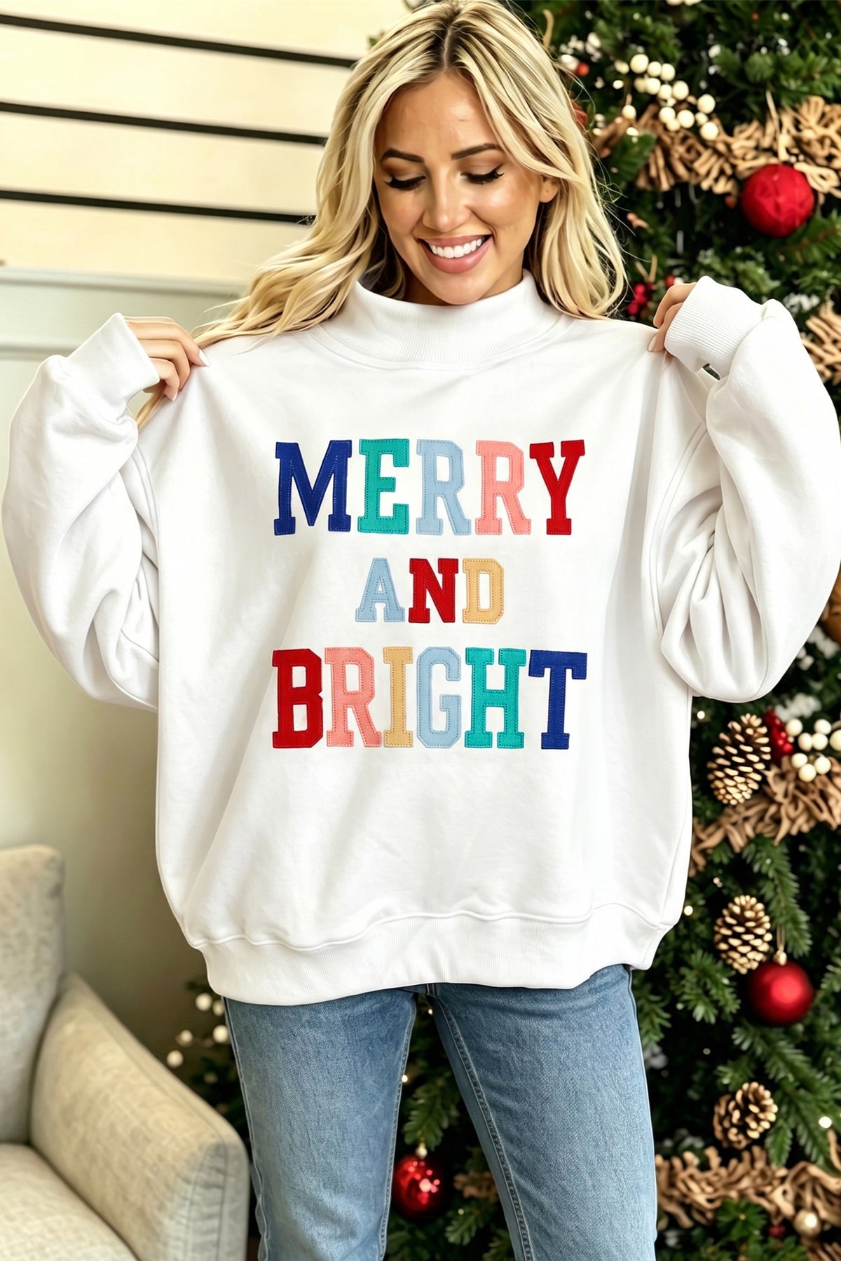 "MERRY &  BRIGHT" Stitched Sweatshirt