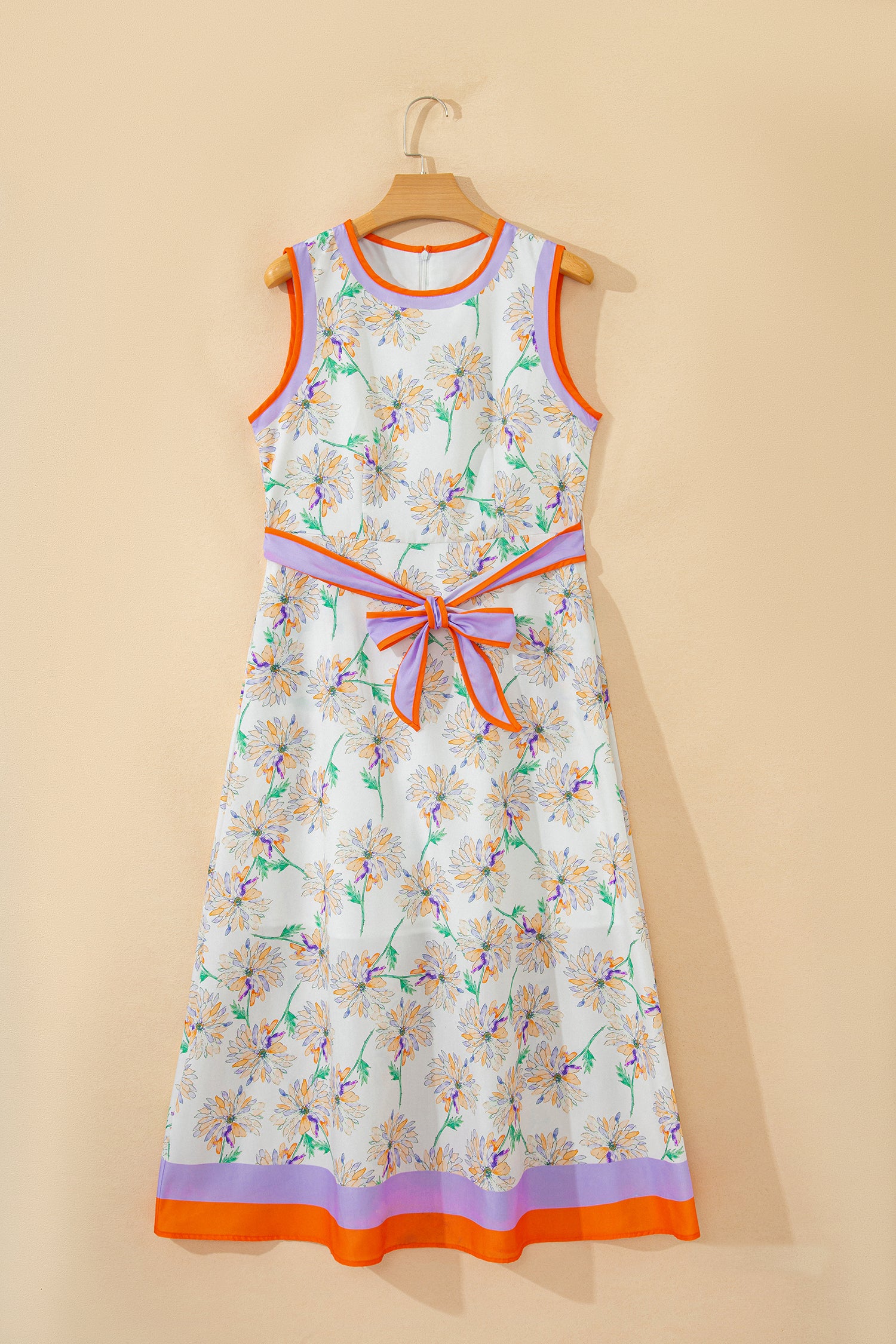 White Floral Print Color Block Trim Belted Maxi Dress