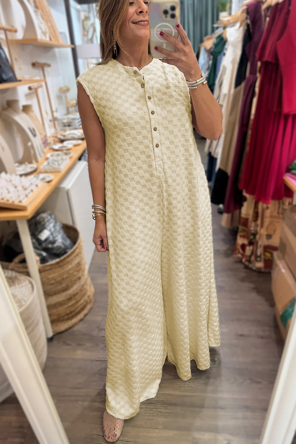 "Check Please" Checkered Cream or Black Wide Leg Jumpsuit