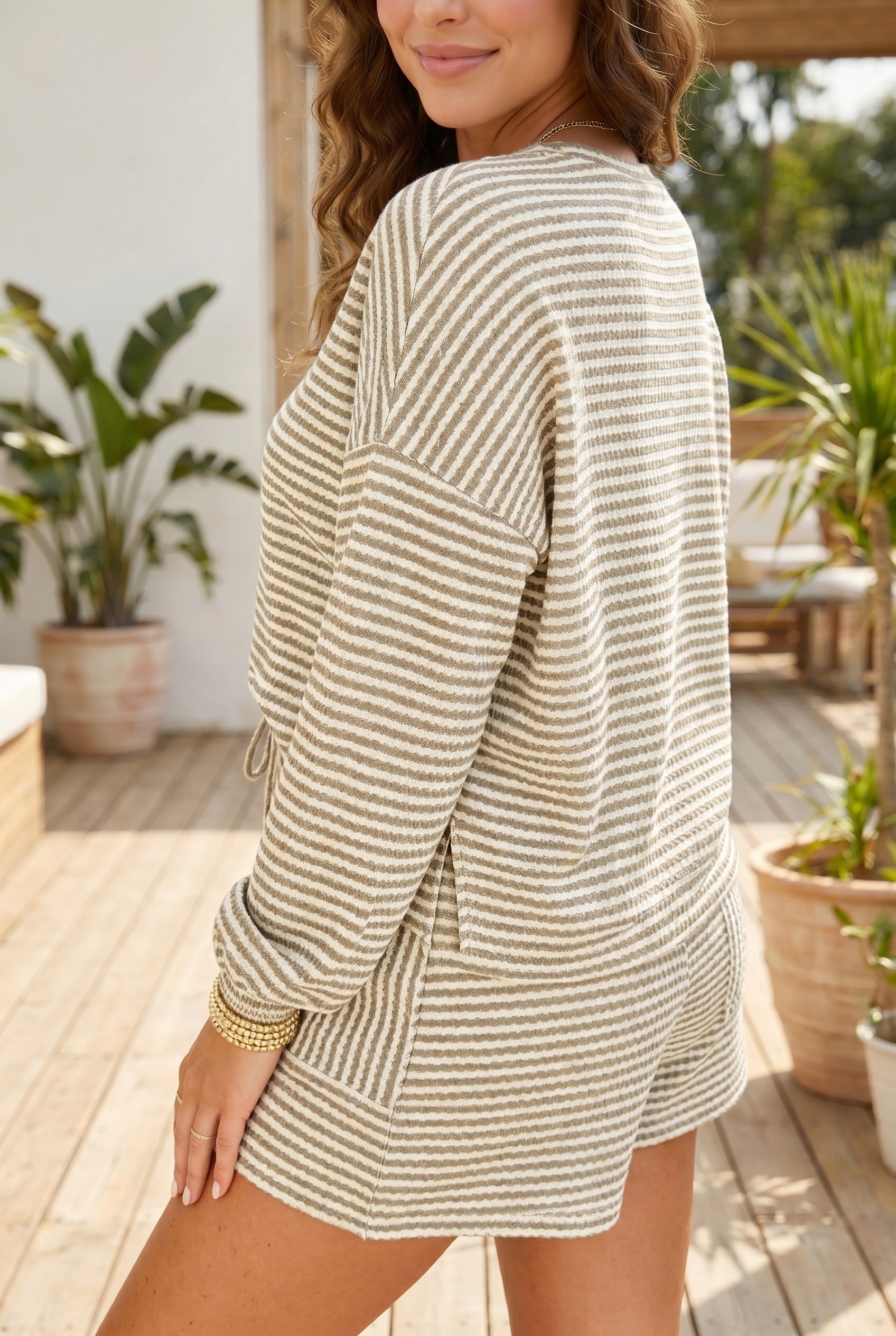 "Now in Neutral" Striped Long Sleeve Top Shorts Set