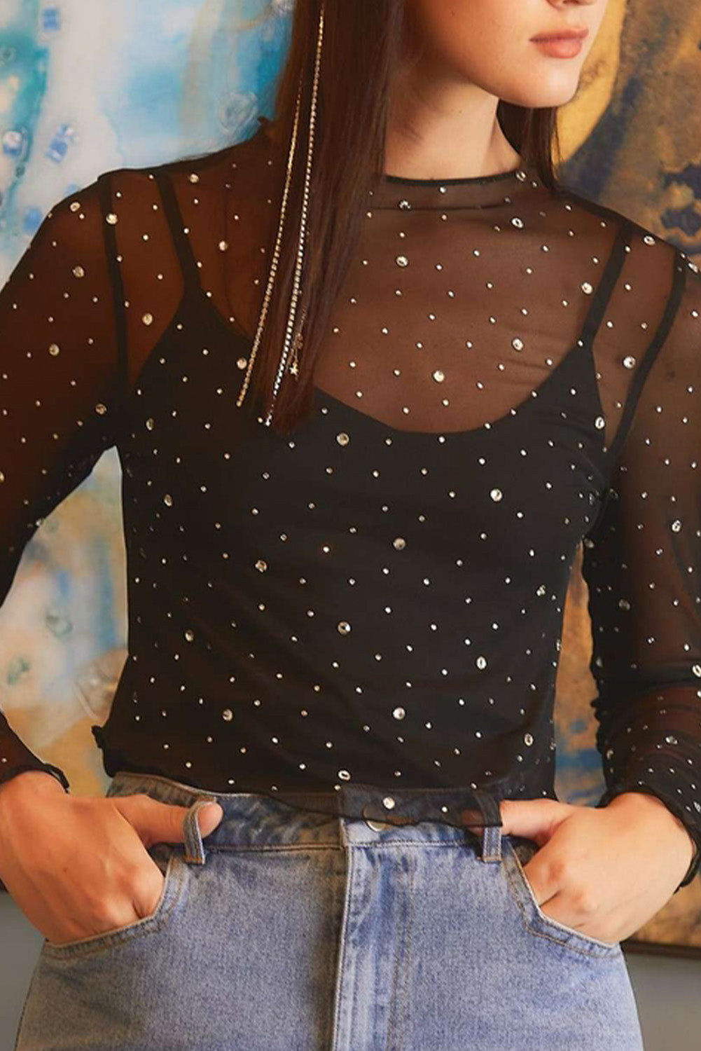 Black Rhinestone Mesh Long Sleeve Top