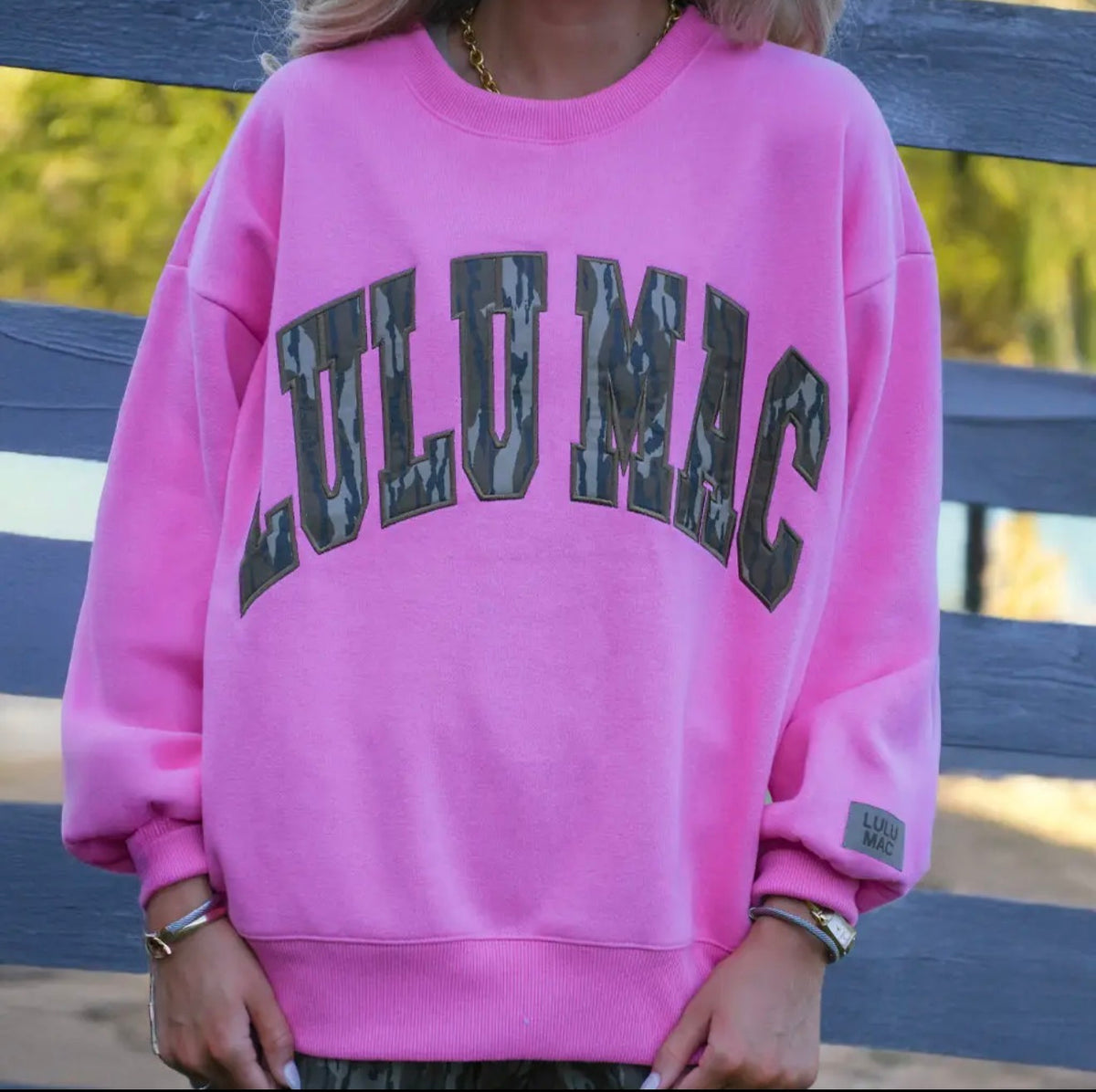 Lulu Mac Bubblegum w/ Mossy Oak Bottomland Camo Logo Sweatshirt