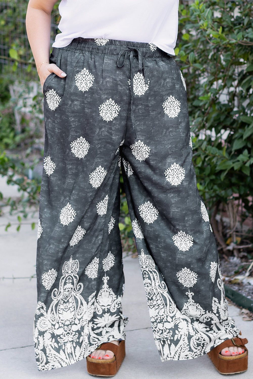 Geometric Print Drawstring Wide Leg Plus Size  Pants