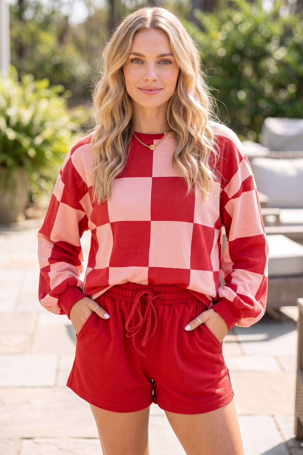 Checkerboard Plaid Long Sleeve & Shorts 2pcs Set