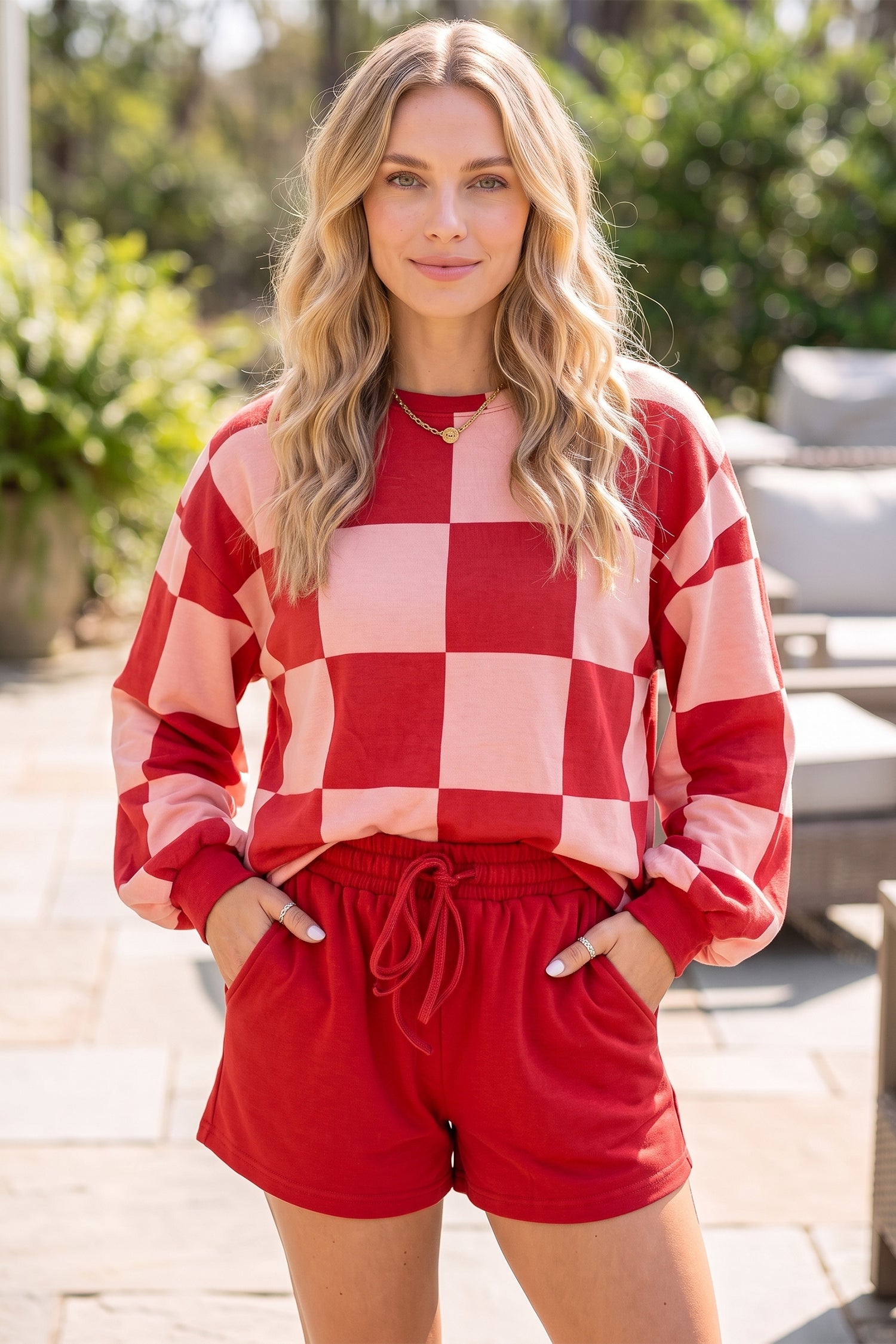 Checkerboard Plaid Long Sleeve & Shorts 2pcs Set