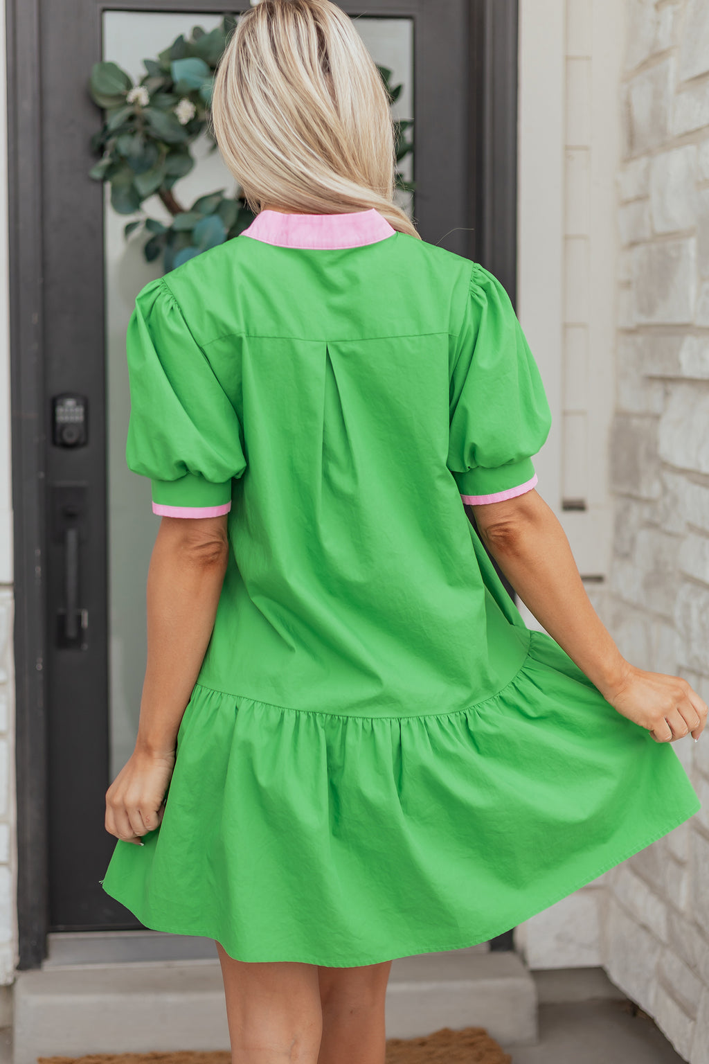 "Giddy In Green" Color Block Puff Sleeve Ruffle Hem Dress