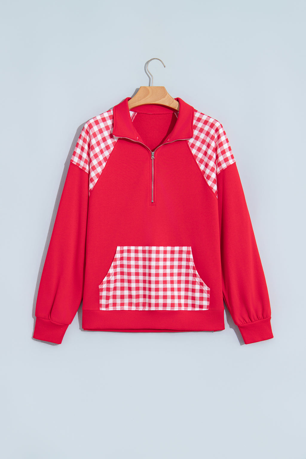 Patchwork Plaid Pocket Quarter Zip Pullover