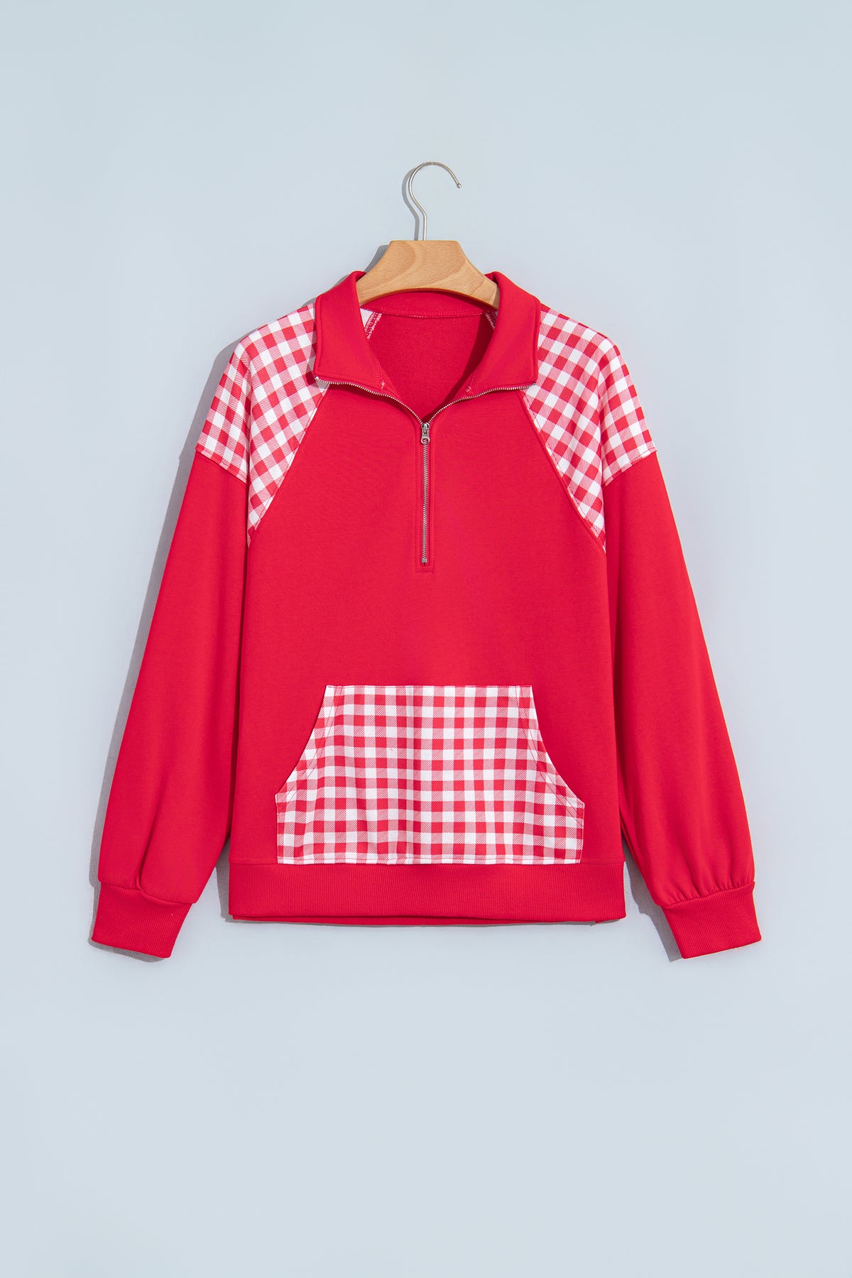 Patchwork Plaid Pocket Quarter Zip Pullover