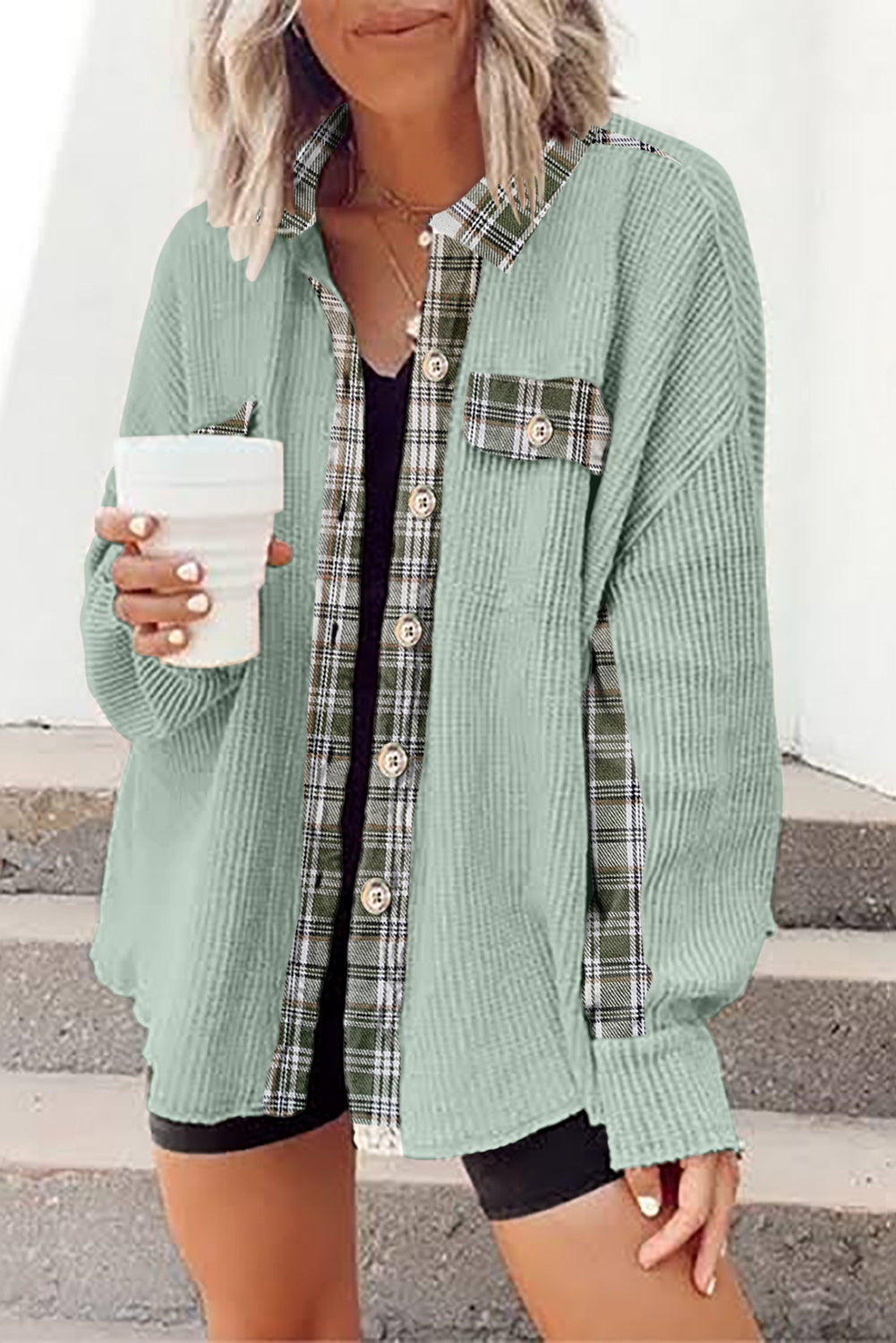 "Grass Is Greener" Plaid Patchwork Waffle Knit Shacket