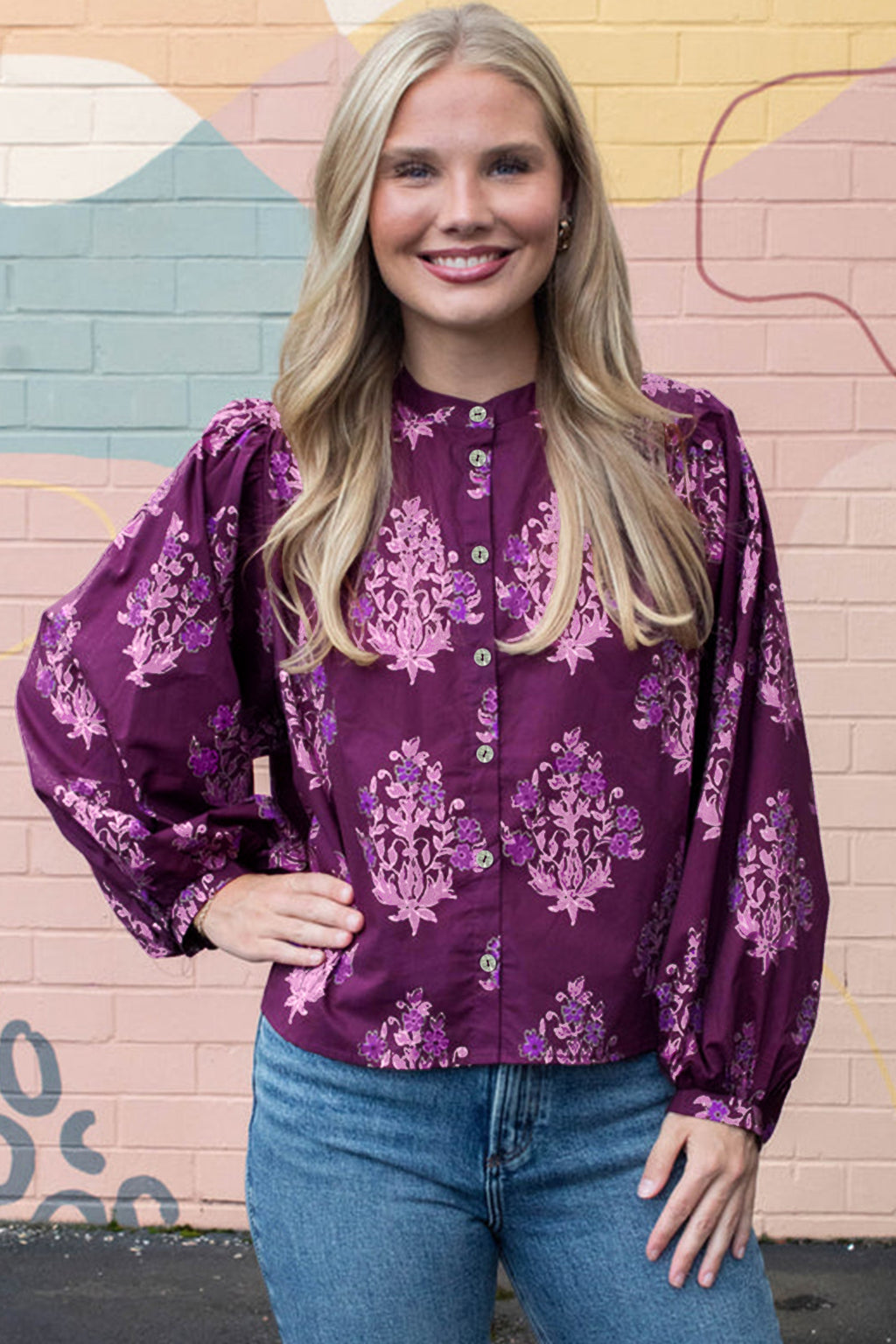 "Playful In Purple" Floral Print Long Puff Sleeve Shirt