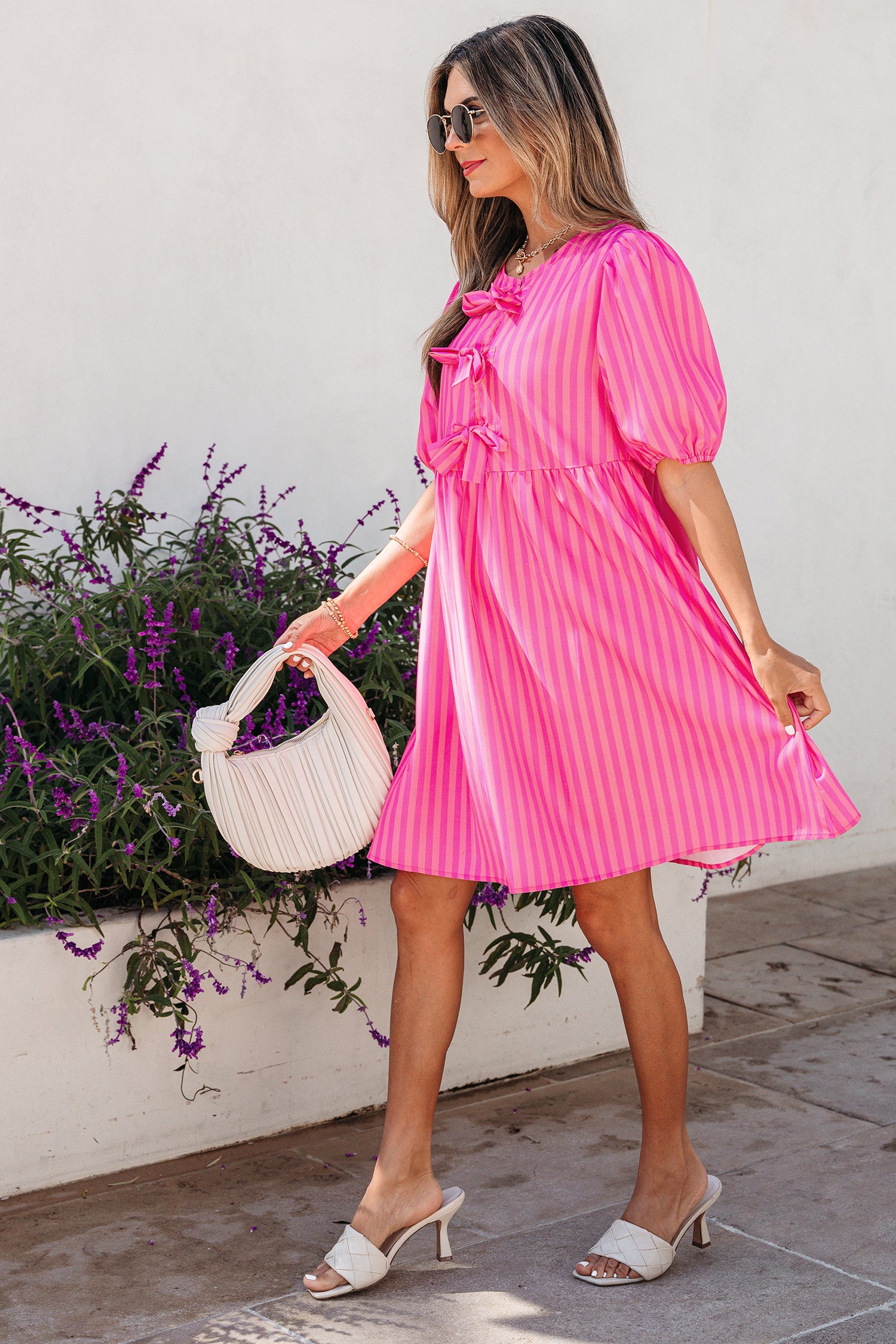 "Stripes & Bow's" Front Puff Sleeve Dress